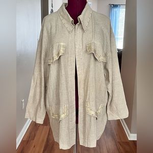 Outlook by Irene Segal linen blend open front beige gold trim jacket, 1X